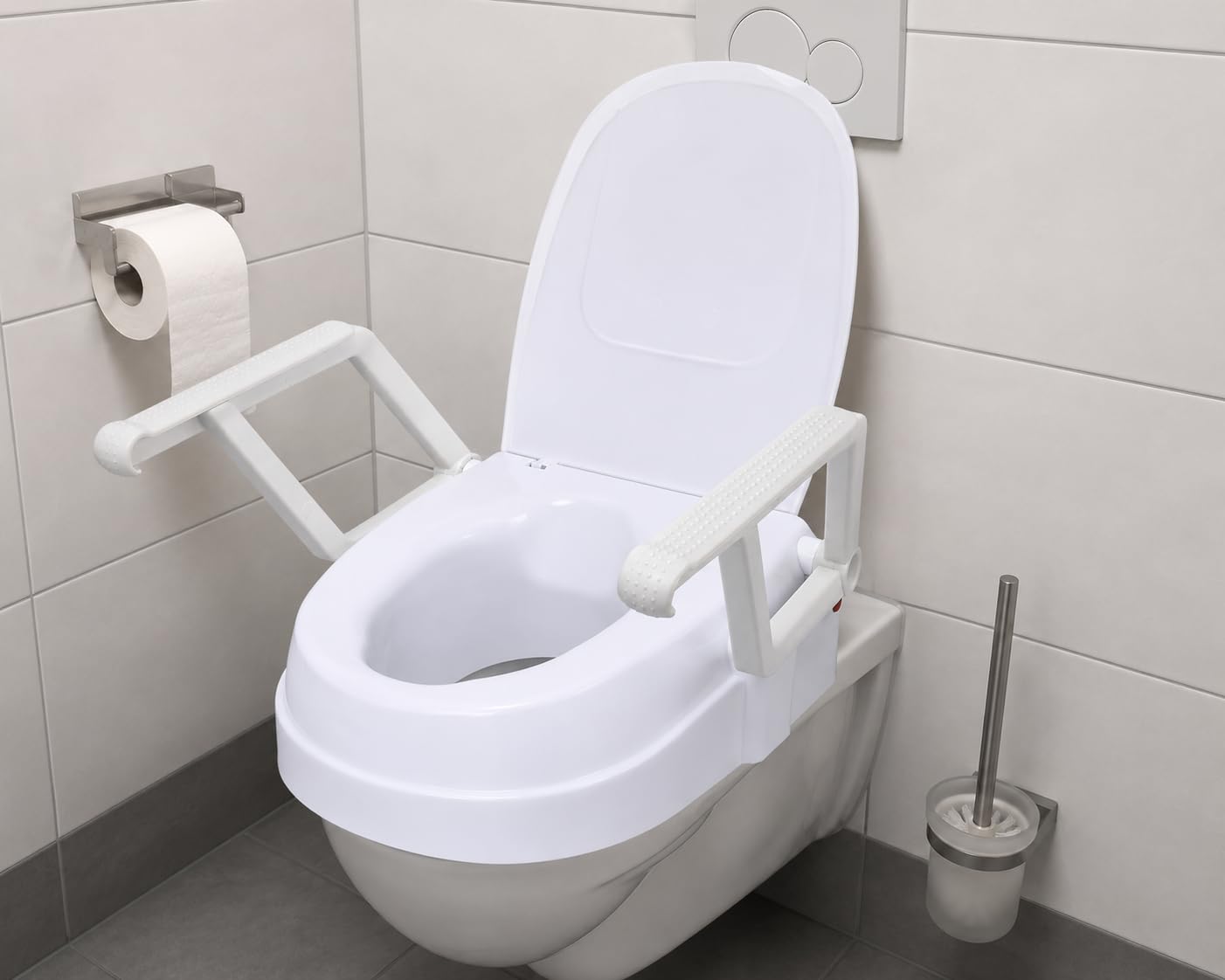 EasyFix Rialzo per WC con braccioli e coperchio, rialzo per WC regolabile in altezza, per anziani e infermieri, braccioli pieghevoli, portata fino a 136 kg, bianco