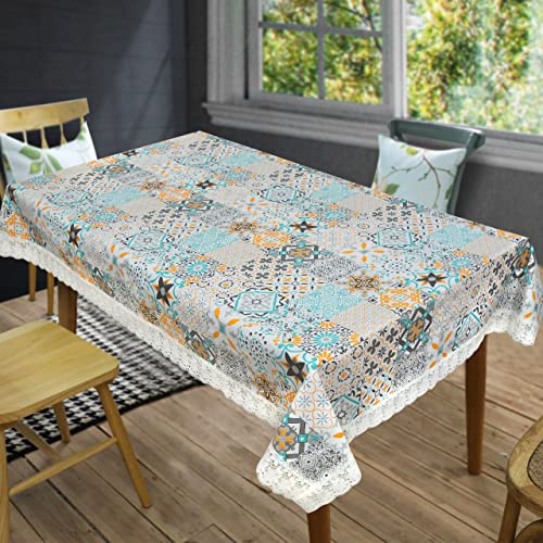 Image of OrientalWeavers Melody PVC Dining Table Cover, 6 Seater Rectangle Shape Table Cover with White Side Trim Lace (137 cm X 198 cm), 54 inch X 78 inch