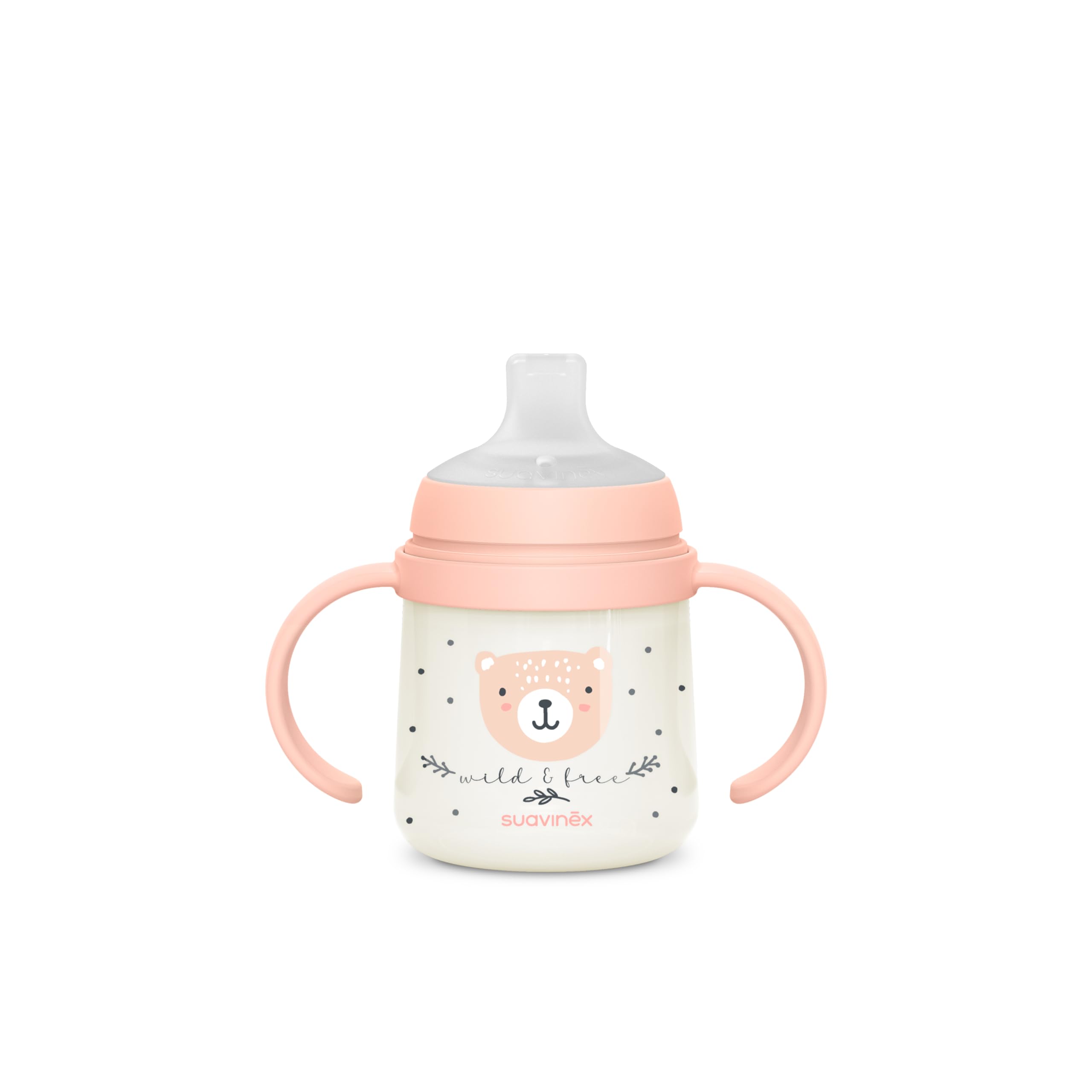 Suavinex, Bicchiere per l'Apprendimento del Bambino, Tazza Anti-goccia, con Manici che Brilla al Buio, con Ugello in Silicone e Valvola Anti-coliche, Ideale per l'Uso Notturno, +6 Mesi, W&Free Rosa