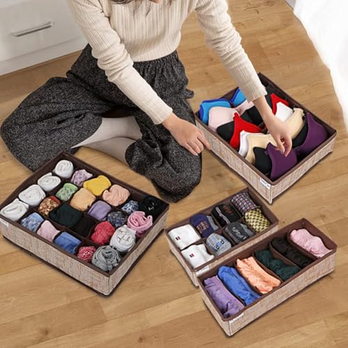 Image of HOKIPO Fabric Undergarment Clothing Organizer Storage Box for Drawers Bra Panty Socks Tie Lingerie Organizer for Wardrobe, 4 Pcs-6+8+8+24 Grids (NEW-332 + 334 + 335 + 336), Brown