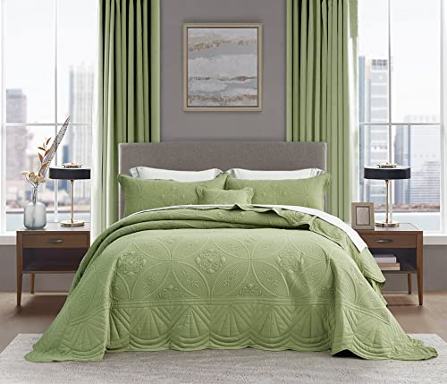 Daisyhuang Oversized Bedspread - King Size Bedding Cover - Modern & Contemporary Coverlet Set, Real Stitching, Reversible, Lightweight, 4 Piece, Sage Green #TOP28