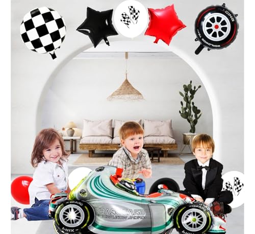 Image of Pop The Party Racing Car Theme Birthday Decoration Kit For Boys - 38 Pieces With Black and White Checkered Racing Flags