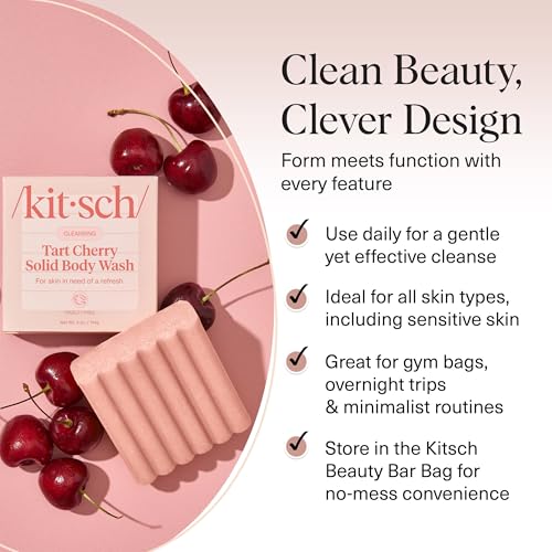 Image of Kitsch Cleansing Tart Cherry Soap Bar with Refreshing Scent - Eco-Friendly Body Wash Women Love - Cherry Solid Bar Soap for Daily Use - Silicone, Sulfate and Paraben Free, Made in USA - 4oz