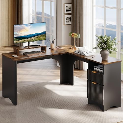 Bestier L Shaped Desk with File Drawer, 55.7' x 55' Office Computer Desk with Round Corners, Modern Desk with Monitor Stand & Fluted Panels for Home Office, Black & Rustic Brown