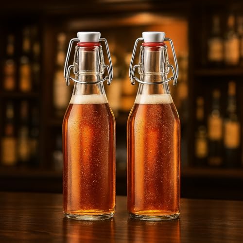 Image of Clear Glass Bottles with Airtight Swing Top Lids - Leakproof Reusable Glass Jars for Juice, Oil, Water, Milk, Kombucha, Vinegar, Beverages - Square, Pack of 2