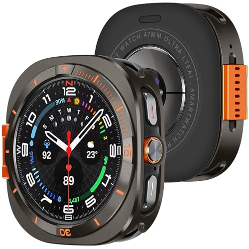 Amizee 2 in 1 Metall Hülle Kompatibel für Samsung Galaxy Watch Ultra Hülle (2025/2024) 47mm mit Rückseite Robuste Schutzhülle der Stoßstange Rückrahmen für Galaxy Watch 7/8 Ultra Graphit/Orange