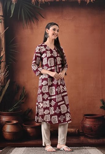 Image of Ichaa Women's Pure Cotton A-Line Ethnic V-Neck Kurta with 3 /4th Sleeve for Daily and Office Wear, in Plus Sizes