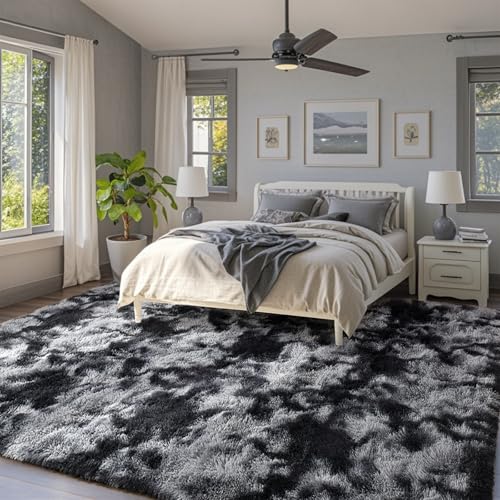 Area Rugs for Living Room 9x12 Black Grey Fluffy Rug,Super Fuzzy Fur Bedroom Carpet for Boys Dorm Office Nursery Modern Home Decor