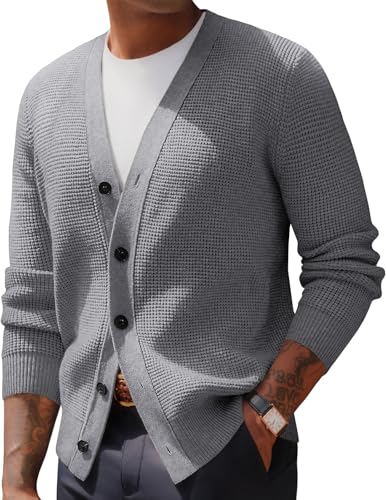 PJ PAUL JONES Mens Waffle Textured Cardigan Sweater Long Sleeve V-Neck Knitted Sweaters