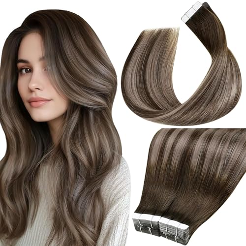 Image of LaaVoo Tape in Hair Extensions Balayage Brown Tape in Extensions Human Hair Ombre Brown Hair Extensions Tapes 18 Inch 40pcs 100g