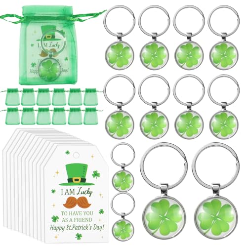 12 Pièces Porte Bonheur Trèfle à 4 Feuilles,Porte-Clés Femme Élégant,Porte Clef Chanceux Trèfle,Porte Clé Pour Sac,12 Sachets en Organza avec Cordon,pour Hommes,...