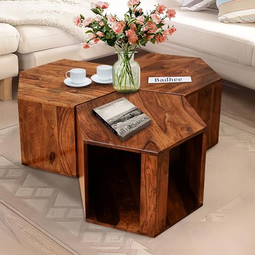 Image of Sheesham Wood Coffee Table Sheesham (Rosewood) 3 Small Table (12 x 12 x 14 inch) Set Solid Wood Coffee Table (Pre-Assembled)