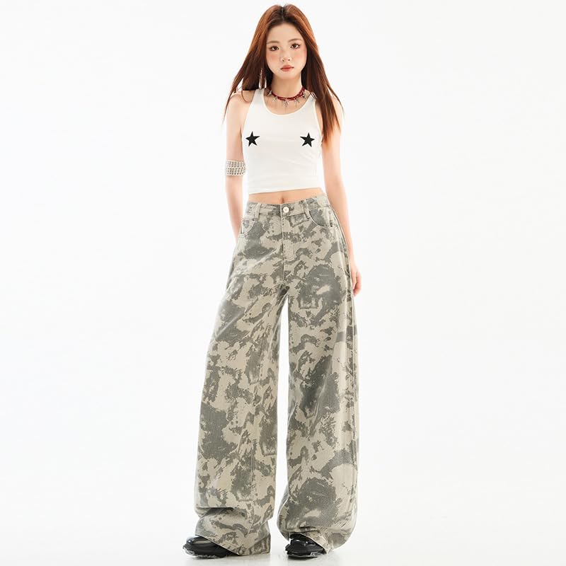 Women's Retro Camouflage Style Wide Leg Pants, Street Trend Straight Leg Pants high Waisted Jeans for Women4