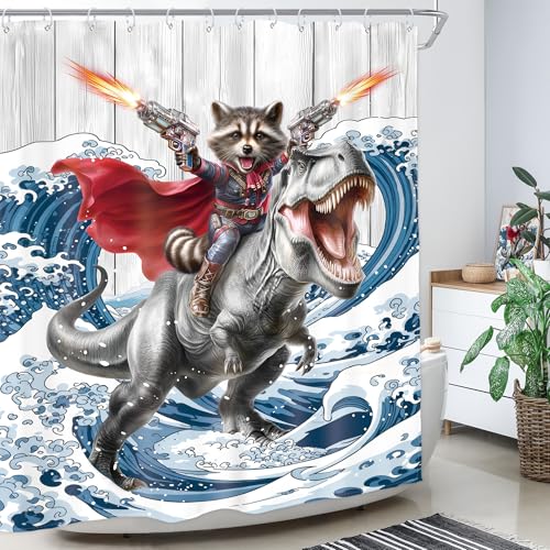 Image of Funny Raccoon Riding Dinosaur Shower Curtain Kids 60Wx72H Inch Decor