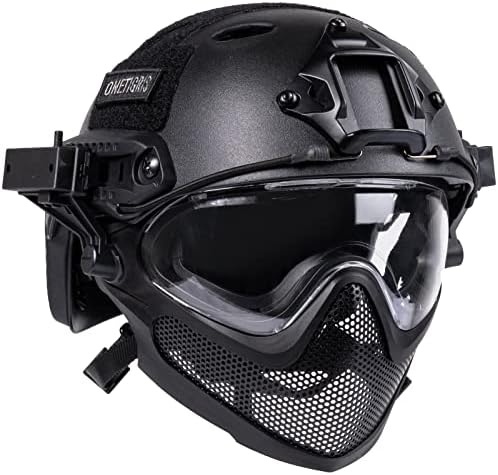 OneTigris Tactical Fast Helmet - Upgraded Airsfot Helmet All-In-One Integrated PJ Type Helmet with Tactical Goggles Visor & Steel Mesh Airsoft Mask for Airsoft Shooting Paintball Wargames