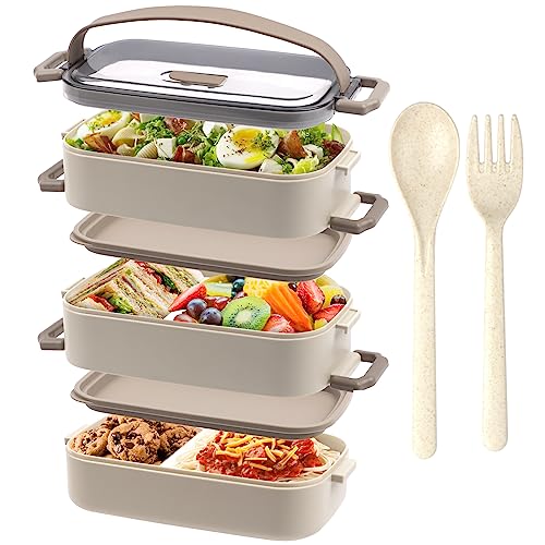 OITUGG Brotdose - 3 Etagen Lunchbox für Erwachsene - 2200ml Bento Box, mit Besteck und 3 stk Fächern Einstellbar, BPA Frei, Mikrowellengeeignet, Beige, 19.5 x 11.2 x 15cm, ohne Edelstahl Inner
