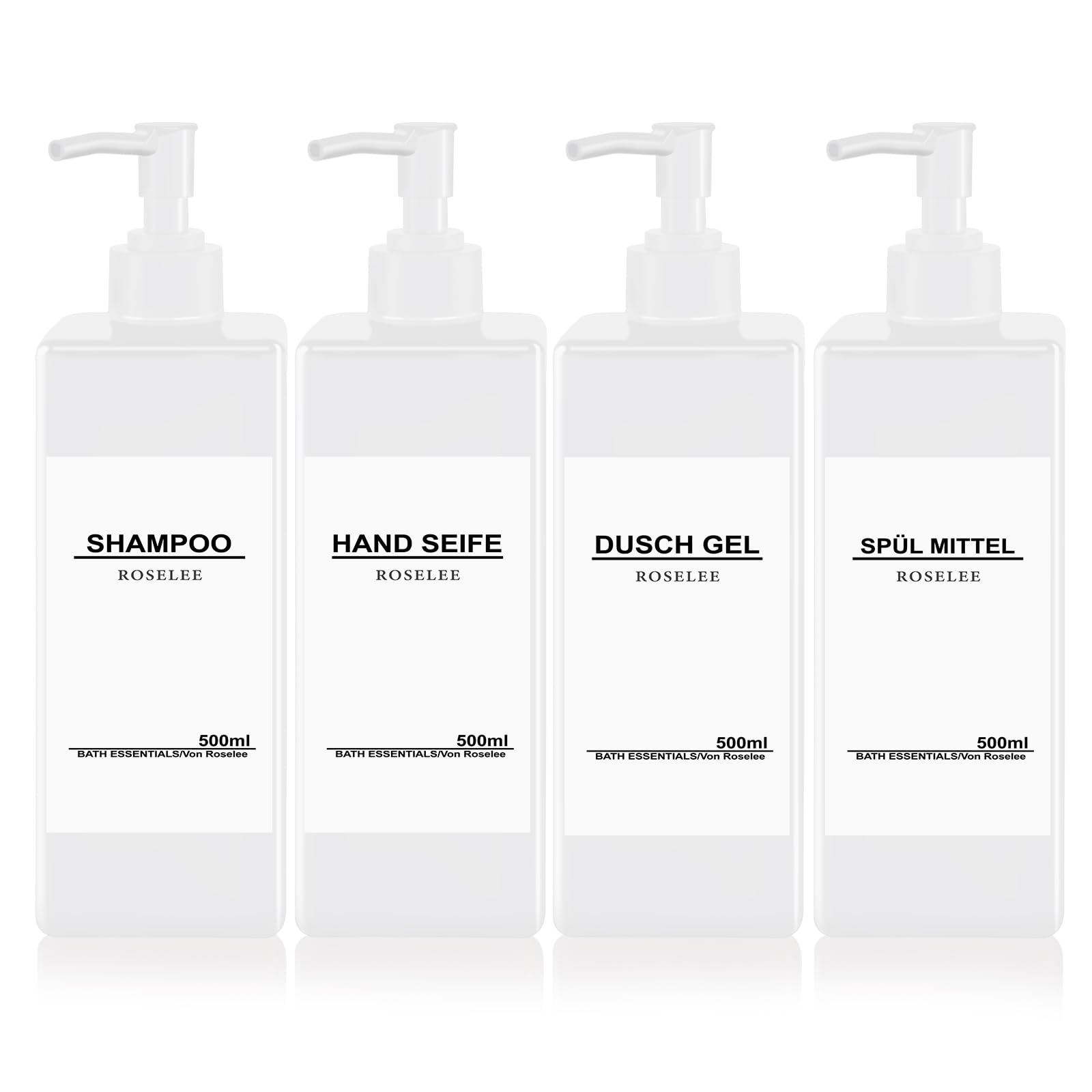 Roselee 4er Seifenspender Set, 500ml Seifenspender Dusche, Kunststoff Pumpspender mit Trichter und Wasserdichten Etiketten Shampoo Spender für Küche Badezimmer Bad Weiß