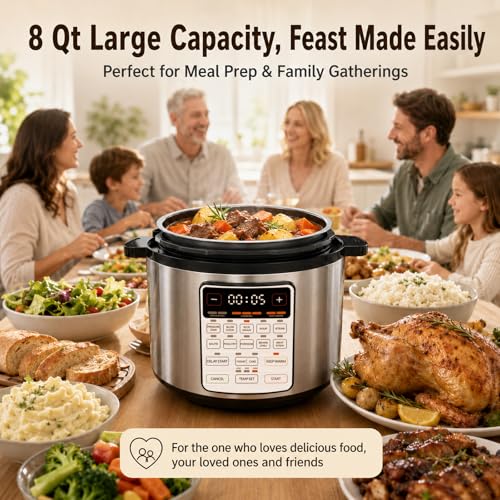 Image of Fullwill 8QT Electric Pressure Cooker, 12-in-1, Ceramic Nonstick Pot, Saute, 1200W Fast Cook, Slow Cook, Steam, Yogurt, Rice Cooker, for Family Meals, 1200W,Silver
