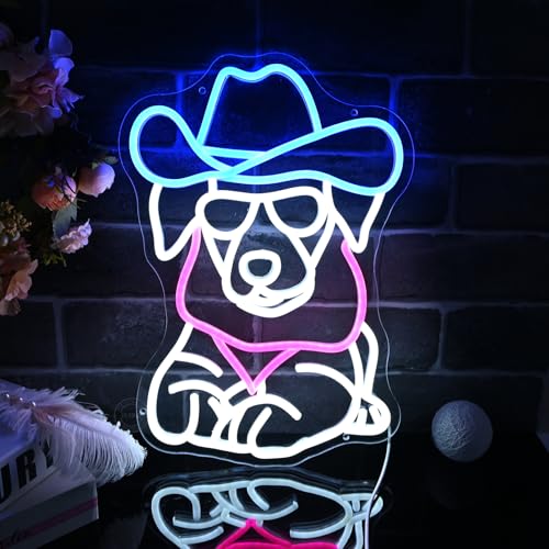 Image of Planzo Cowboy Dog LED Neon Sign Light Bedroom Game Room Man Cave Wall Decor | Zoo Pet Shop Bar Pub Club Home Wall Sign Decor, Christmas Birthday Party, Pet Dog Lovers Gift, Cute Animal, 16.14 inchX12.4 inch, USB