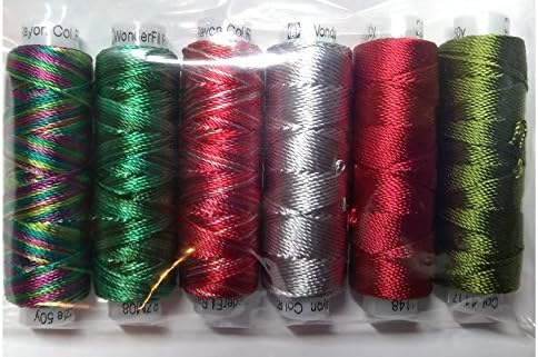 Sue Spargo Lustrous Razzle Rayon Thread, Size #8 - Set of Six 50yd Spools for Embroidery & Embellishment (Merry)