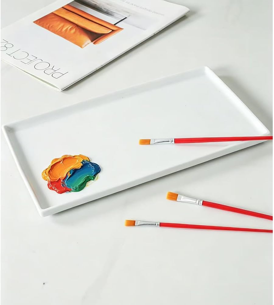 12 inch Ceramic Rectangle Paint Mixing Tray,Artist Porcelain Paint Palette for Watercolor Gouache Painting,Cleans-up Easily Butcher Tray