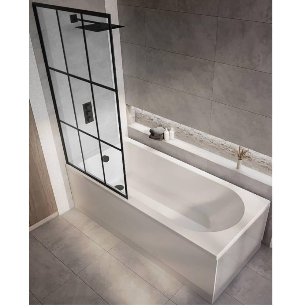 Milano Ballam White 1500mm x 700mm Single Ended Round Shower Bath Black Grid Screen Side Panel