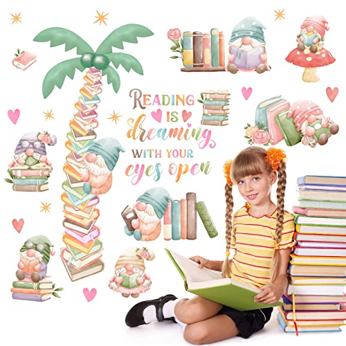 Colorful Inspirational Wall Decals Reading Wall Stickers Nursery Decor Cartoon Gnome Book Tree Wall Decals Peel And Stick Reading Quotes Wall Decal For Kids Baby Bedroom Classroom Reading Corner Decor #TOP7