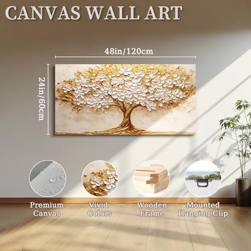 crmotu Tree of Life Large Wall Art, Blooming Flower Tree Art Prints, White Gold Abstract Landscape Paintings, Modern Trendy Home Wall Decor Living Room Bedroom Above Bed Canvas Pictures 24x48 Inch