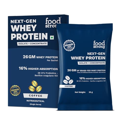 Image of Foodstrong Next-Gen Whey Protein Isolate + Concentrate, 100% Hormone Free Grass-Fed Whey, 26G Protein, Coffee, With Turmeric, Probiotics & Natural Digestive Enzymes For Easy Digestion, Single Serve Sachet, 35G