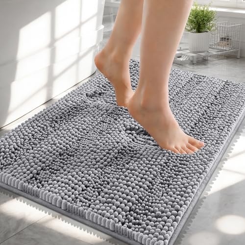 Image of OLANLY Thick Small Bathroom Rugs 24x16, Extra Soft Absorbent Chenille Striped Bath Rugs, Rubber Backing, Machine Wash, Bath Mats for Bathroom Floor, Tub and Shower, Home Decor Accessories, Grey