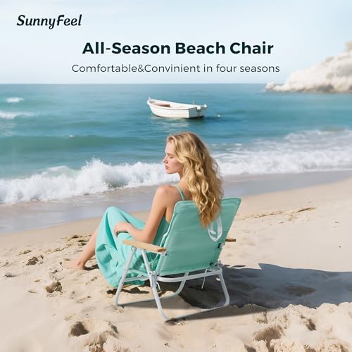 SUNNYFEEL Silla de Playa Plegable con Reposabrazos de Madera y Cojín, Silla Ligera para Camping, Jardín y Exterior, Verde Menta miniatura 3