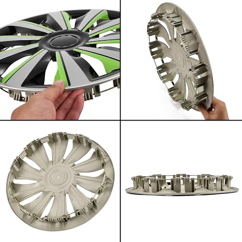 Image of Silver with Green Hubcap Wheel Cover Replacement Kit 13 inch Hub Caps Wheel Rim Cover Car Exterior Accessories Pack of 4, 13 Inches