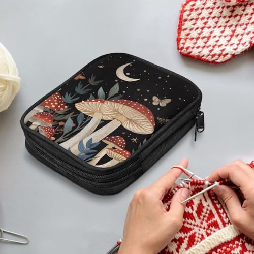Image of Moon Mushroom Crochet Hook Case Organizer Easy to Clean Knitting Needle Storage with Web Pockets Crochet Hook Case for Travel Lightweight