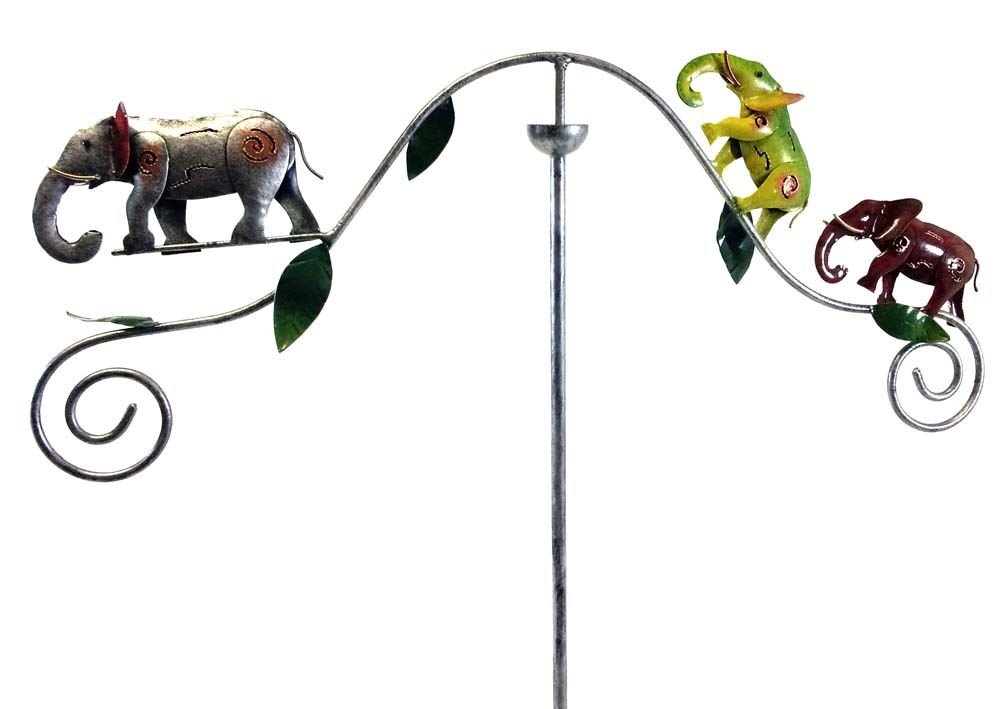 SK Style Metal Garden Wind Spinner, Balance Stake - Colourful Elephant Family