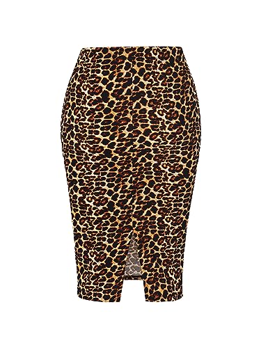 SSOULM Women's Work Office Stretchy Fitted Midi Pencil Skirt with Leopard Slit and Plus SizeLEOPARD 1X3