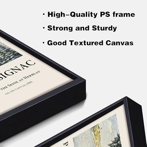 Gufro Pual Signac Framed Canvas Wall Art,View Of The Seine At Herblay Landscape Oil Painting Reproduction Artwork For Living Room, Bed Room, Office Home Decorations - 12''X16''Black Framed #TOP4