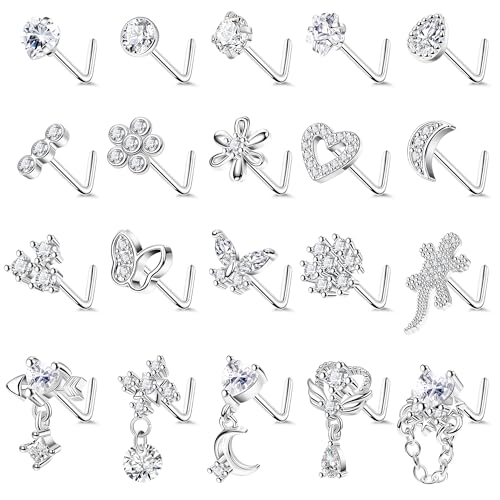 REVOLIA 20Pcs 20G Surgical Steel Dangle Nose Rings L Shaped Nose Ring Studs for Women Men CZ Heart Moon Dangling Flower Butterfly Nose Piercing Jewelry