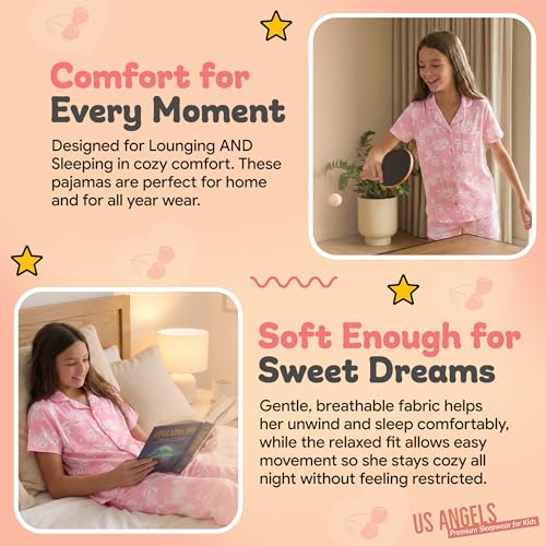 Image of US Angels Girls Pajama Set 3 Piece, Short Sleeve Button Down PJs with Shorts & Pants, Soft Sleepwear Girls & Tweens Size 5-16