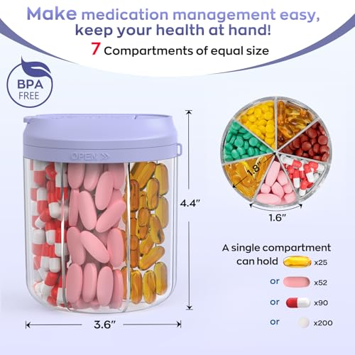 Image of Hionxmga Pill Dispenser with 7 Large Compartments, Pill Organizer for Travel, Supplement Organizer with Anti-Mixing Design, BPA-Free Pill Container with 20 Pcs Labels, Purple