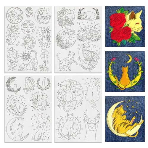BENECREAT 4Sheets 27Pcs Moon Cat Water Soluble Embroidery