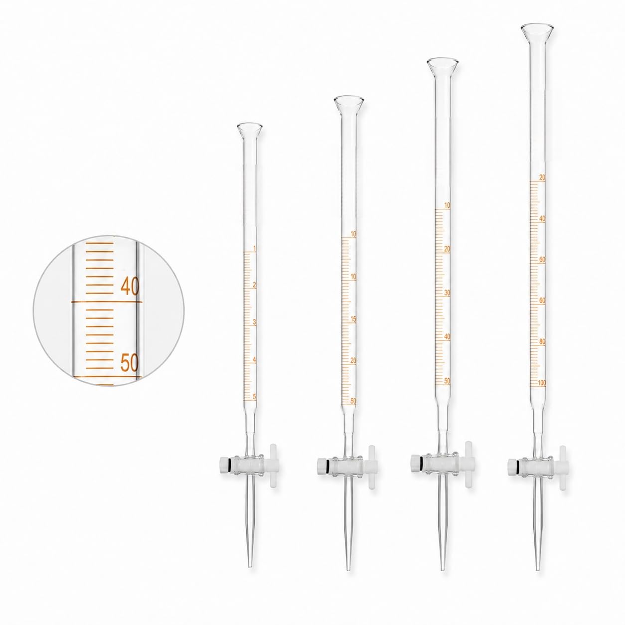 Universal-Glasbürette mit Trichter-Rand und PTFE-Hahn-50mL/0.1 | Universal-Glasbürette mit Trichter-Rand und PTFE-Ventil für Säure und Alkali
