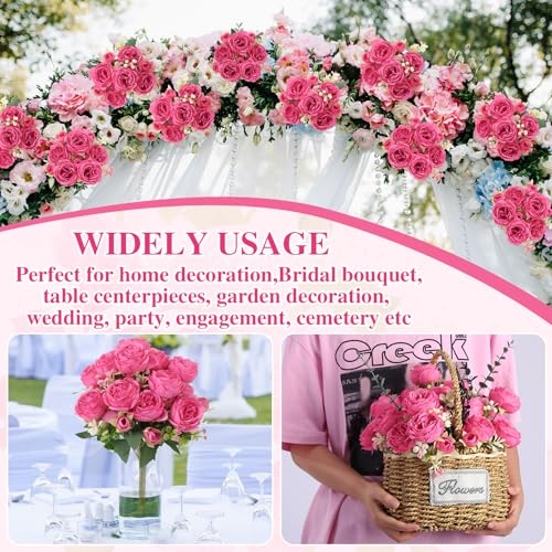 Image of 8 Pack Hot Pink Peonies Artificial Flowers, Fake Silk Hydrangea Bouquet for Bridal Wedding Home Table Decor Reusable Dining Opening Ceremony Birthday Arrangement Faux Floral