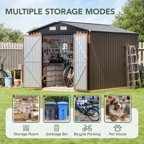 Image of Upgrade 10x8FT Outdoor Metal Storage Shed with Floor Frame, Double Swing Doors,Clear Windows, Tool Shed for Garden, Patio, Backyard Brown