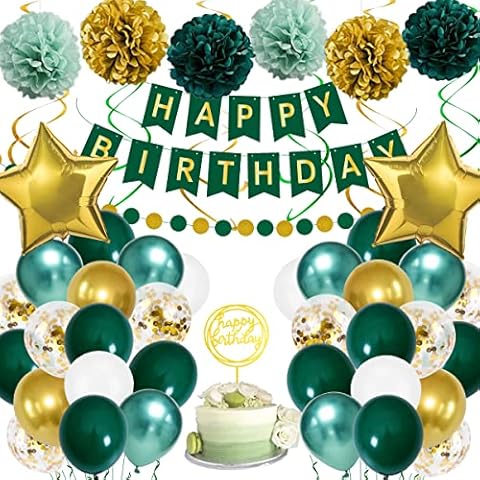 Birthday Decorations, Green Gold Birthday Party Decorations for Boy Girls Men Women, Birthday Balloons with Happy Birthday Banner, Paper Pompoms, Confetti Balloons for Birthday Party Decorations Cover