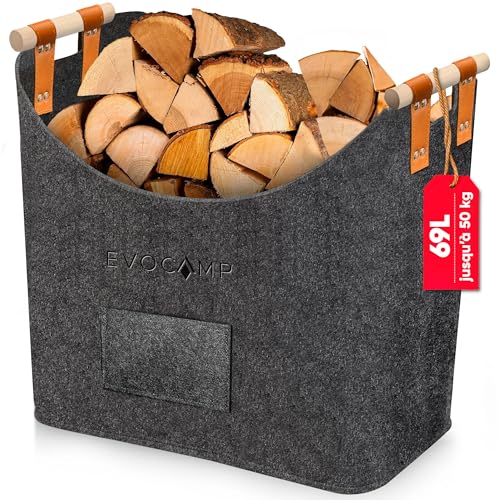 EVOCAMP grand panier à bûches en feutrine pour bois de chauffage et rangement, panier de cheminée XXL en feutrine gris foncé avec poignées en bois, sac à...