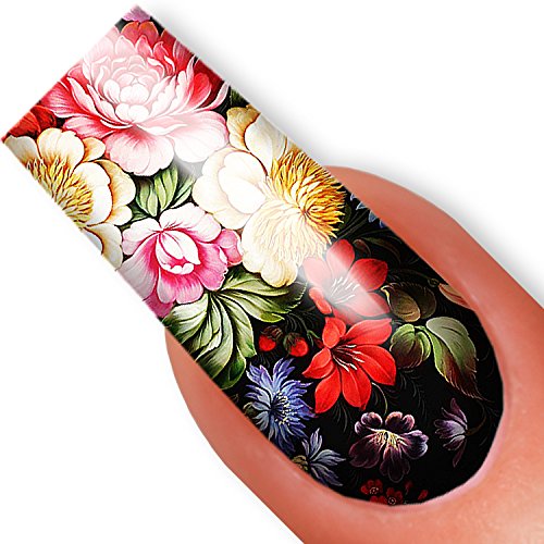 Nailart NAIL TATTOO STICKER - Full-Cover - Zhostovo / Flowers / Blossom - green / red / blue / black
