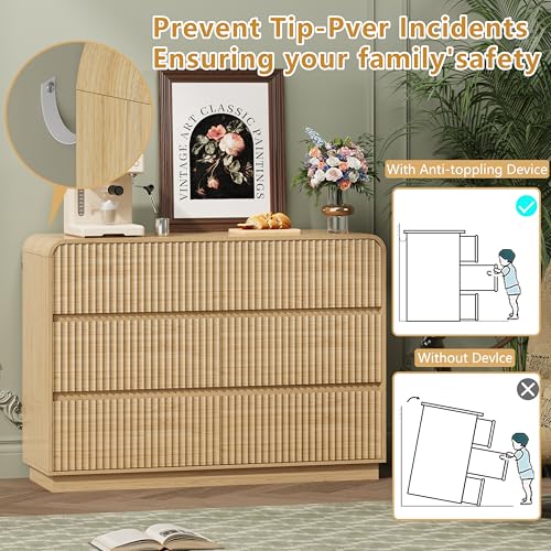 Image of Wodeer Oak Dresser Fluted 6 Drawers Dresser for Bedroom, 47 inch Wide Wood Chest of Drawers with Hidden Handles & Rounded Corners, Modern TV Stand Storage Cabinet for Living Room, Hallway, Entryway