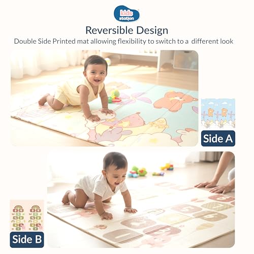 Image of Kids Station Double-Sided Waterproof Baby Playmat - Foldable, Portable & Reversible Foam Mat for Infants, Toddlers & Kids - Soft, Non-Slip, Easy-to-Clean Baby Crawling Mat for Indoor /Outdoor Use (200x150x0.8cm, Flying Bear & Rainbow Print)