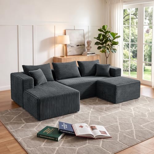 Image of 93 inch U-Shaped Boneless Couch, Corduroy Cloud Couch Sectional with Chaise and Ottoman, Deep Seat Modular Sectional Sofas for Living Room, No Assembly - Grey (Left Facing Chaise)