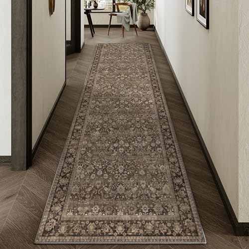 HUGEAR 2'6''x8' Brown Vintage Floral Washable Runner Rug for Hallway